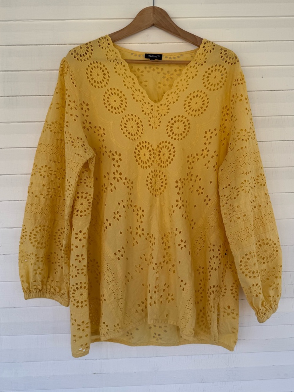 Tolani Mustard Eyelet V-Neck Long Sleeve Tunic